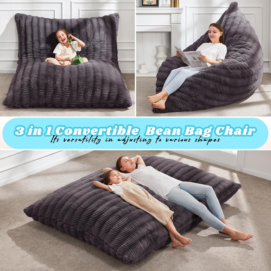 Hobestluk 3 in 1 Bean Bag Chair Giant Bean Bag Chairs for Adults with Ripple Cover Convertible Bean Bag Floor Cushion with Machine Washable Cover for Living Room (Ripple Dark Grey)