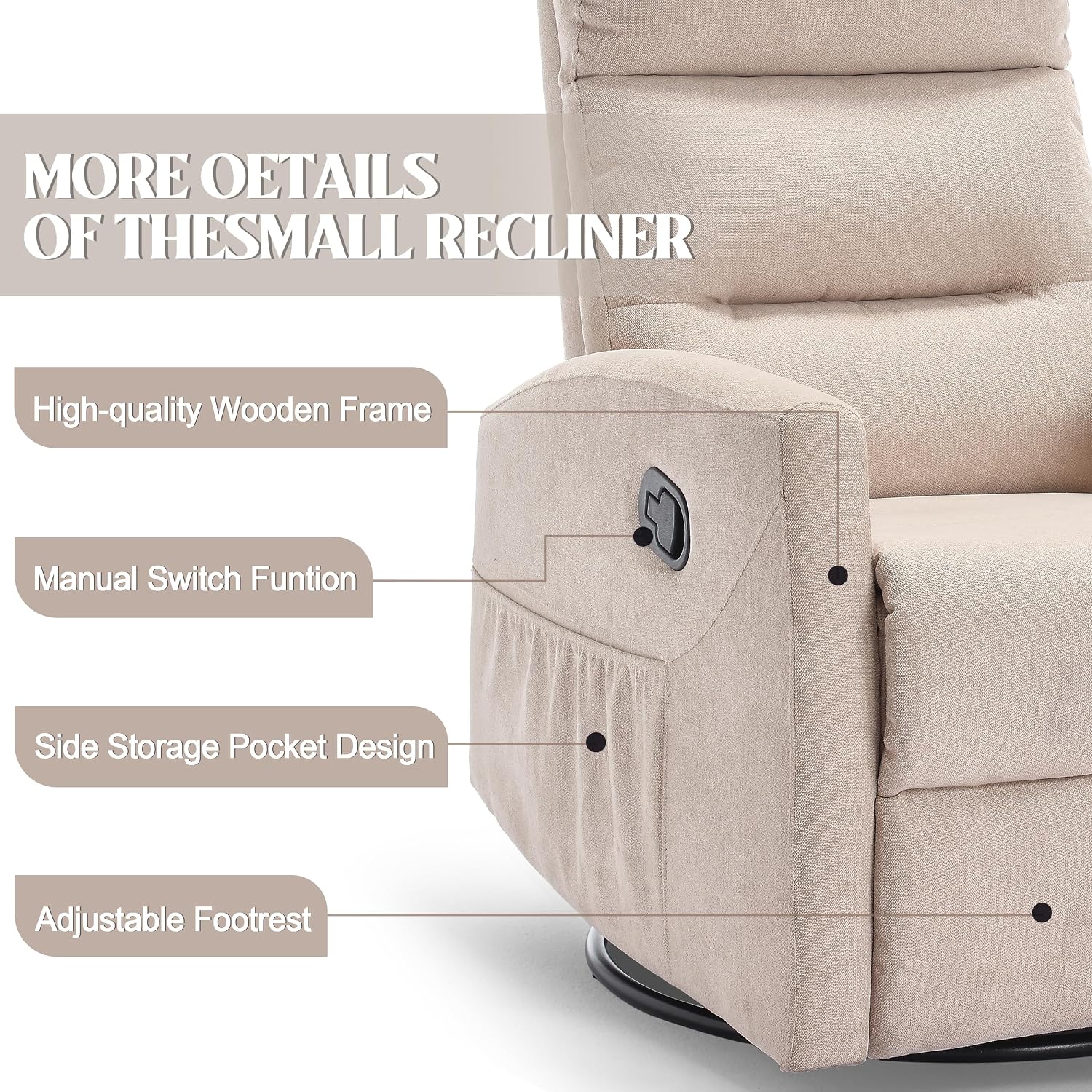PELUMY Manual Recliner Chair, 360° Swivel Glider and Rocker Recliner with 155° Recline, Compact Fabric Recliner for Small Space, Nursery, Living Room, Bedroom, No Tools Assembly (Beige)