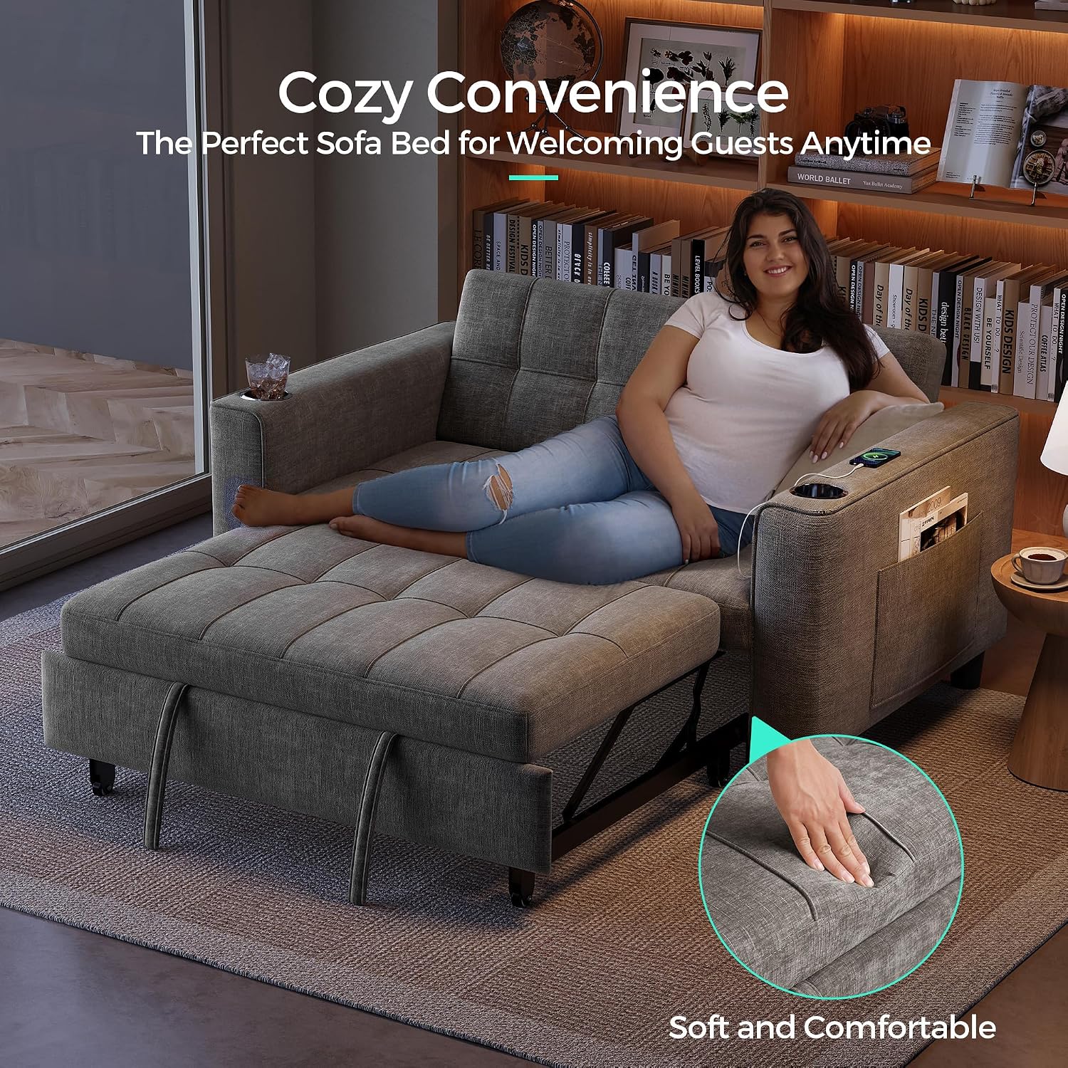 LINSY 54' Pull Out Couch with Charging Station, Small Sleeper Sofa Bed with Cup Holder, 3 in 1 Convertible Loveseat Sleeper Couch for Apartment, Dorm Room, Bedroom and Small Space, Gray
