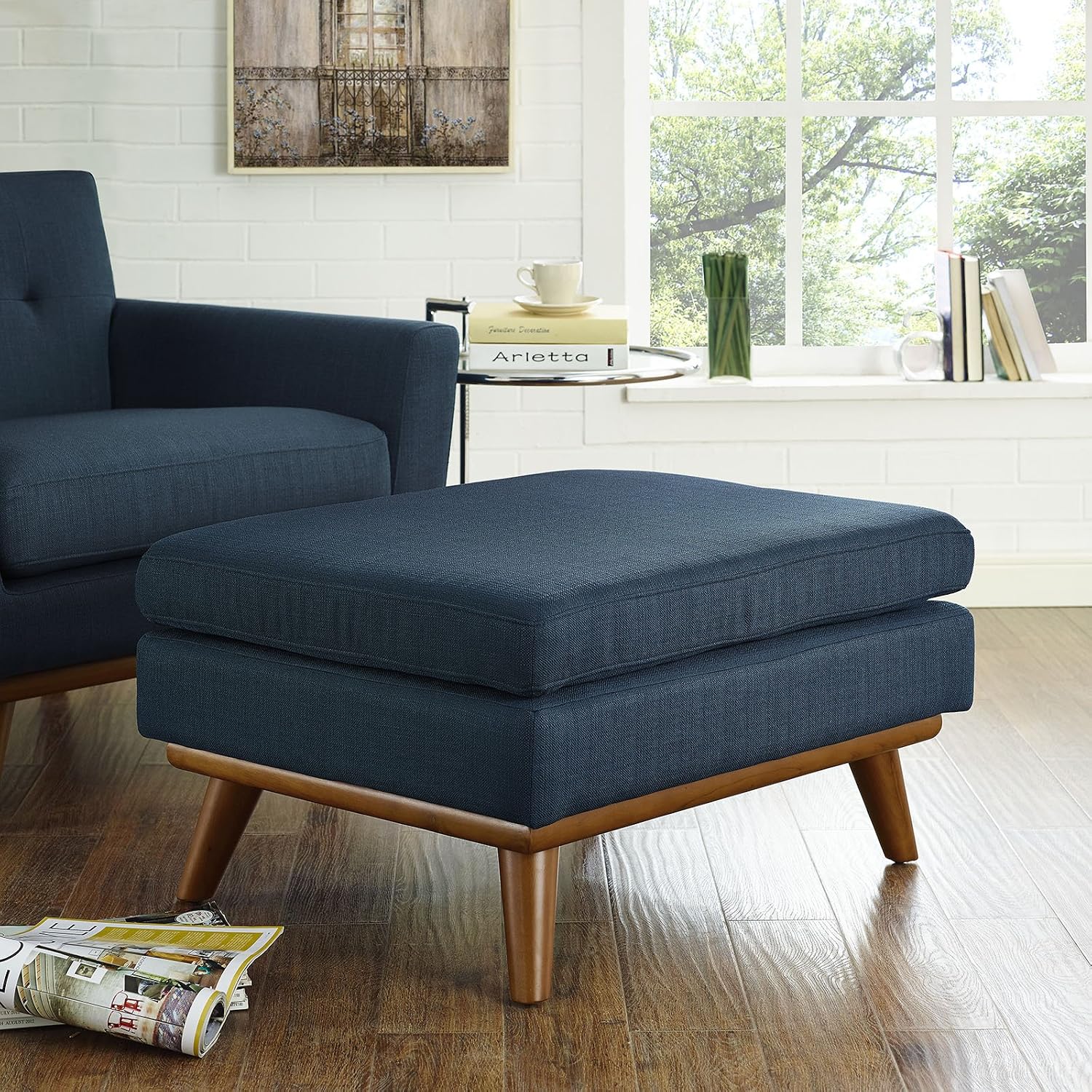 Modway Engage Mid-Century Modern Upholstered Fabric Ottoman in Azure