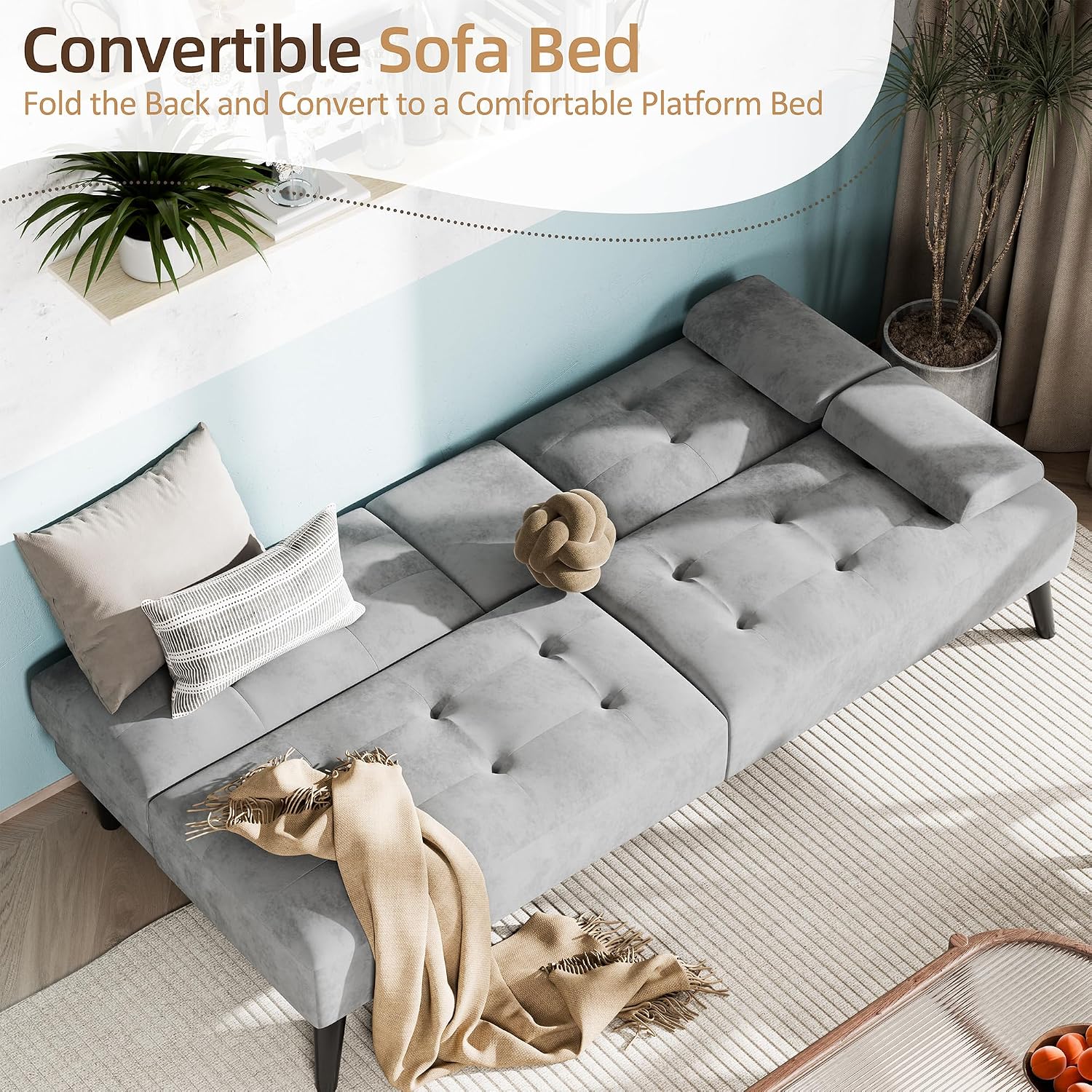 Shintenchi Futon Sofa Bed, Velvet Foldable Couch Reclining Sleeper w/Removable Armrests, Upholstered Loveseat w/Folding Cup Holders for Home, Office, Light Gray