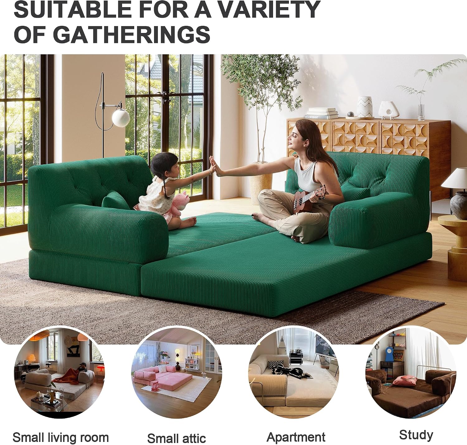 5-in-1 Folding Convertible Sofa Bed, Loveseat Sleeper with Pull-Out Bed, Floor Sofa Modular Futon Couch, 79' Oversized Corduroy Upholstered Boneless Couch for Living Room, Bedroom, Lounge, Green-C