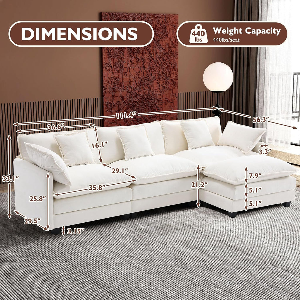 Ihanherry 111.4' L Shaped Modern Sofa Modular Sectional Cloud Couch with Ottoman, 4-Seat Chenille Deep Seat Sofa with Pillow for Living Room, Bedroom and Apartment, Beige