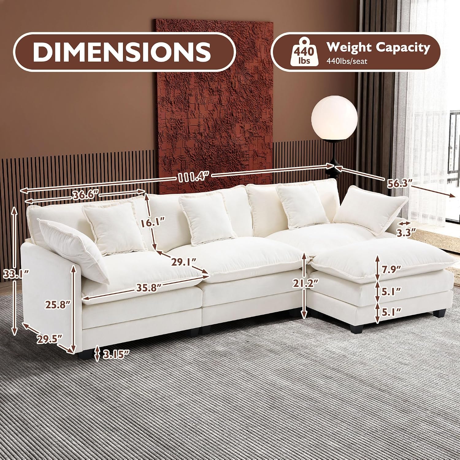 Ihanherry 111.4' L Shaped Modern Sofa Modular Sectional Cloud Couch with Ottoman, 4-Seat Chenille Deep Seat Sofa with Pillow for Living Room, Bedroom and Apartment, Beige