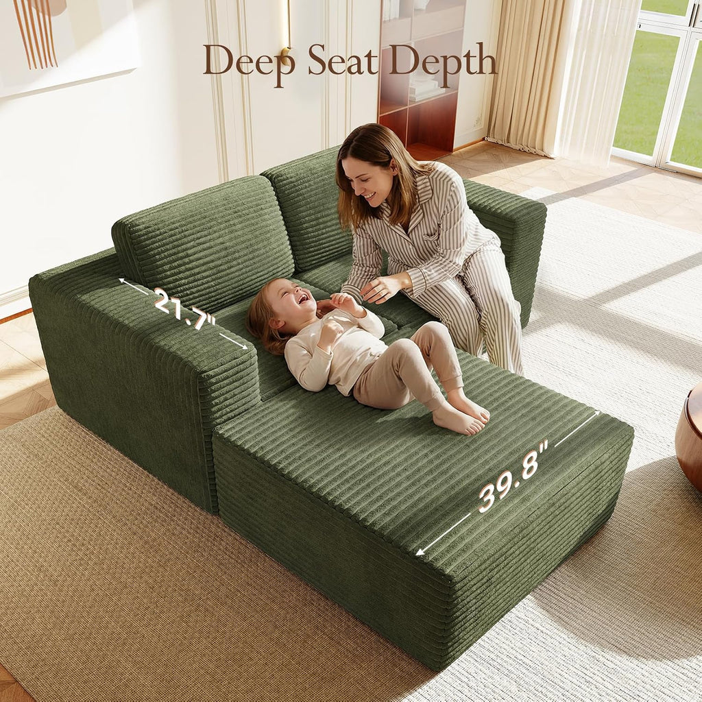 Vesgantti 80' Modular Sectional Sofa, Corduroy Cloud Couch with Deep Seats & Spring Support, Compact 2 Seater Boneless Couch, L-Shaped Modular Sofa for Small Spaces, Apartments, No Assembly, Green