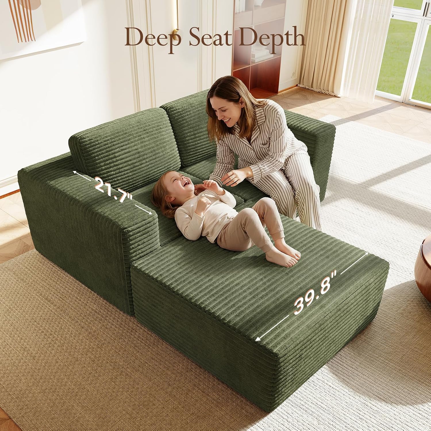 Vesgantti 80' Modular Sectional Sofa, Corduroy Cloud Couch with Deep Seats & Spring Support, Compact 2 Seater Boneless Couch, L-Shaped Modular Sofa for Small Spaces, Apartments, No Assembly, Green