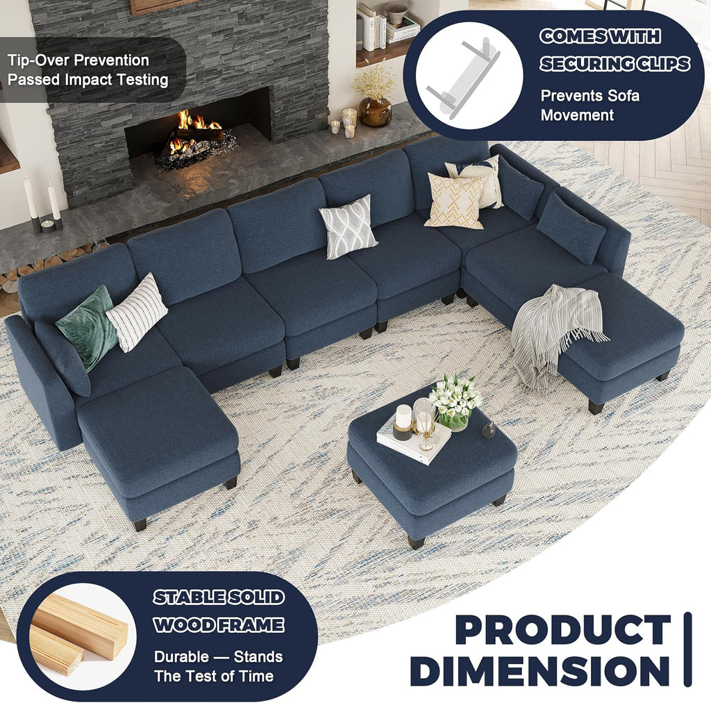 Modular Sectional Sofa, 6 Seaters Modular Sleeper Sofa Couch, Comfy Sectionals Couches Bed, Convertible Sofas with Ottomans, Sectional Couches for Living Room, Blue