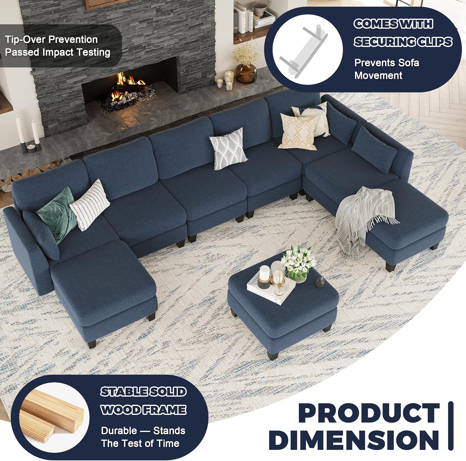 Modular Sectional Sofa, 6 Seaters Modular Sleeper Sofa Couch, Comfy Sectionals Couches Bed, Convertible Sofas with Ottomans, Sectional Couches for Living Room, Blue