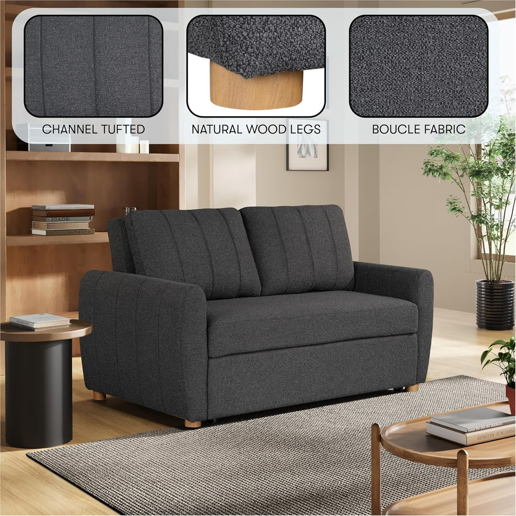 Serta Galway 66.5' Convertible Sleeper Loveseat, Full Size, Dreamcoil Comfort, FingerGuard Pinch Point Protection, Boucle Fabric, Charcoal