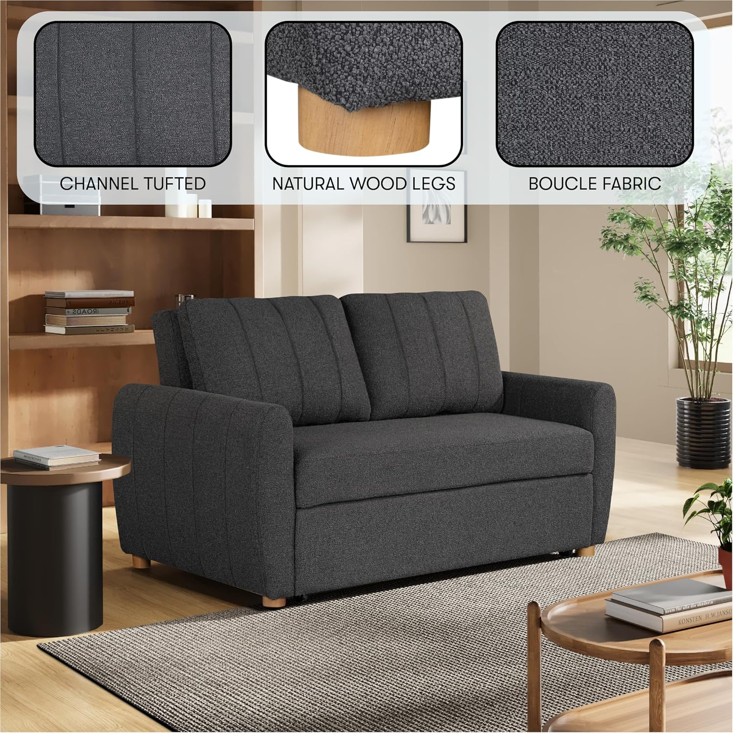 Serta Galway 66.5' Convertible Sleeper Loveseat, Full Size, Dreamcoil Comfort, FingerGuard Pinch Point Protection, Boucle Fabric, Charcoal