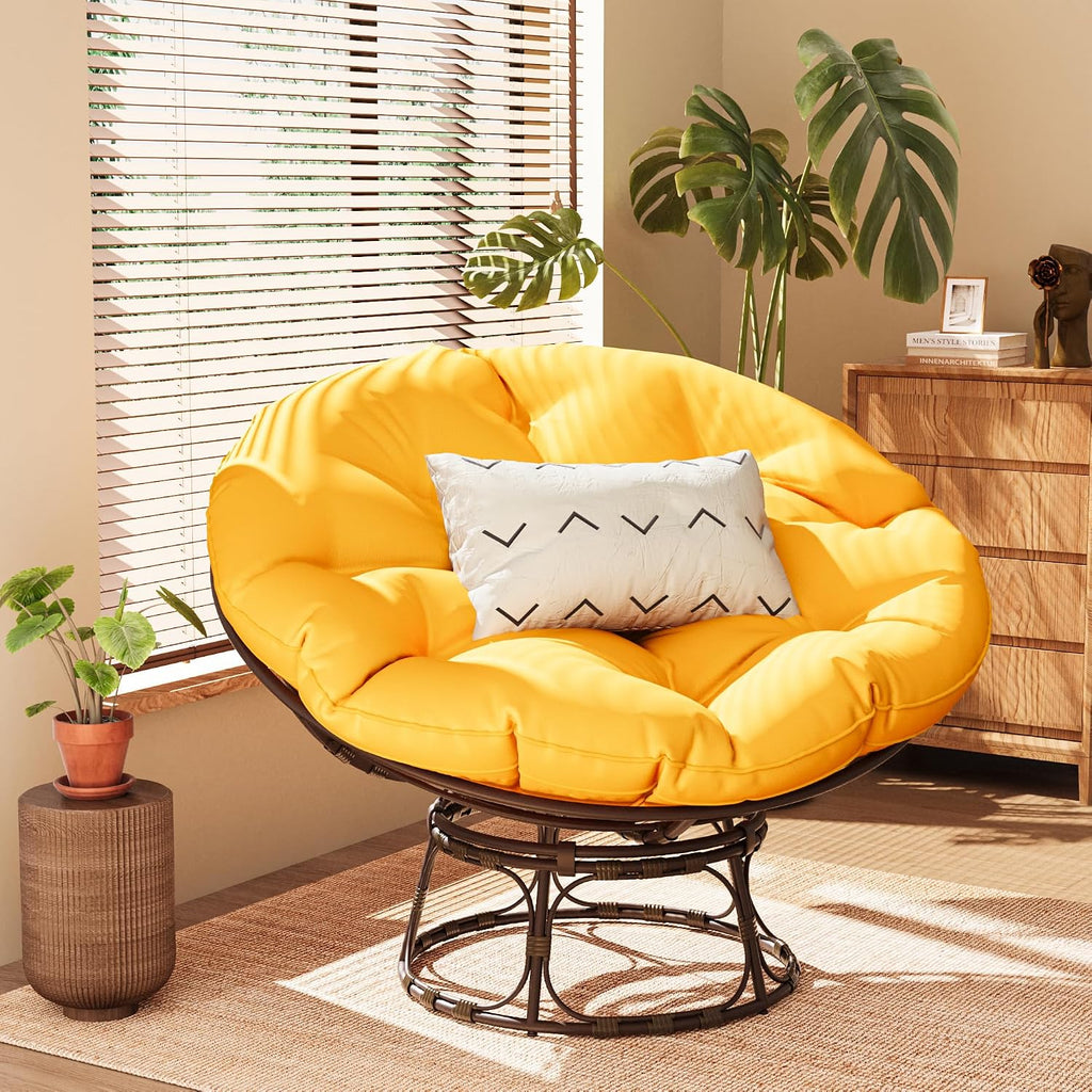 46'' Large Size Papasan Chair (Non-Swivel) with Cushion and Frame, Overstuffed Thickened Lazy Chair, Mustard Yellow