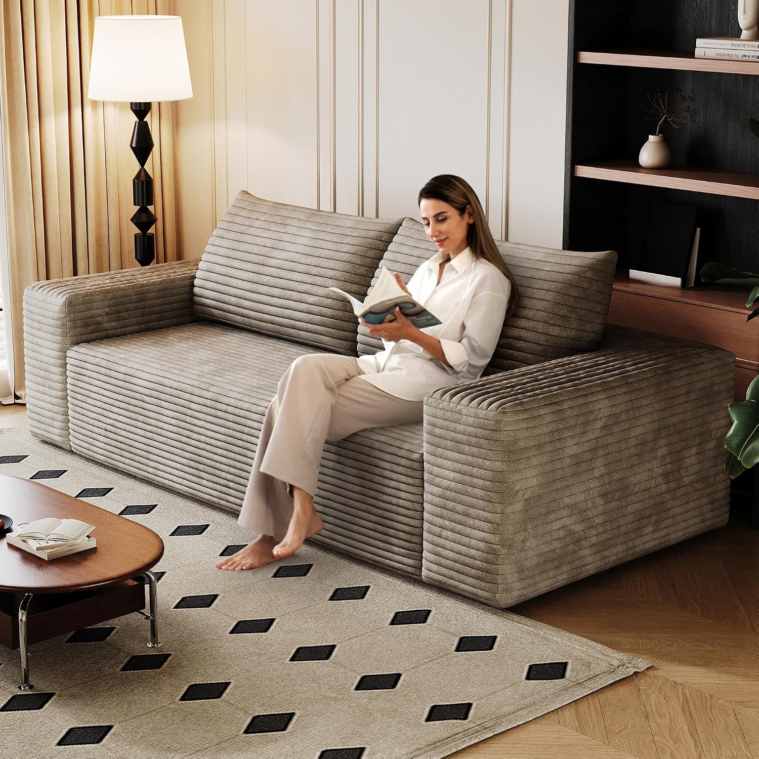 3 Seater Couch for Living Room, 71.3 INCH Fluffy Corduroy Boneless Couch Cloud Loveseat with Wide Armrest, Upholstered Floor Sofa in A Box, No Assembly Required