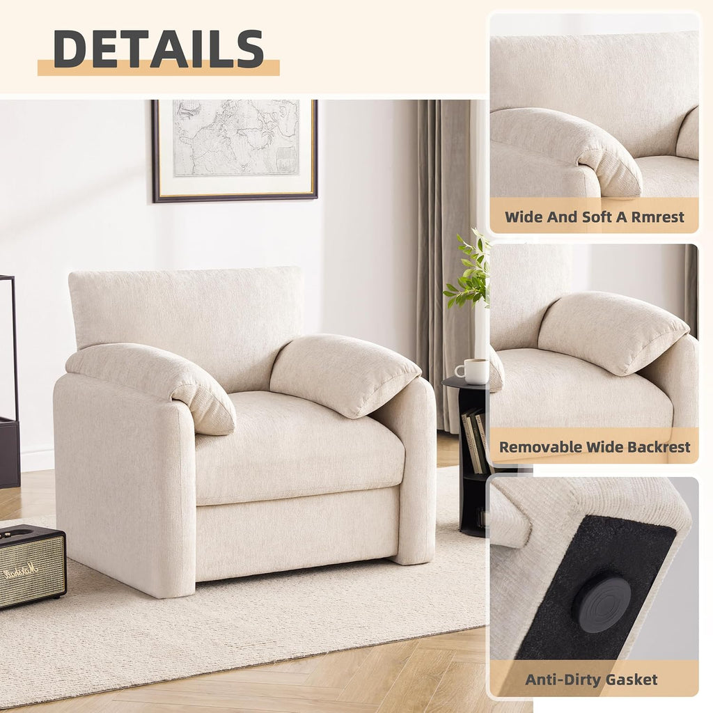 Howjoe Chenille Oversized Armchair, 38.6' Wide Accent Chairs for Living Room & Bedroom Modern Lounge Chair, Upholstered Mid-Century Reading Chair, Comfy Living Room Chair, Single Sofa Chair, Beige