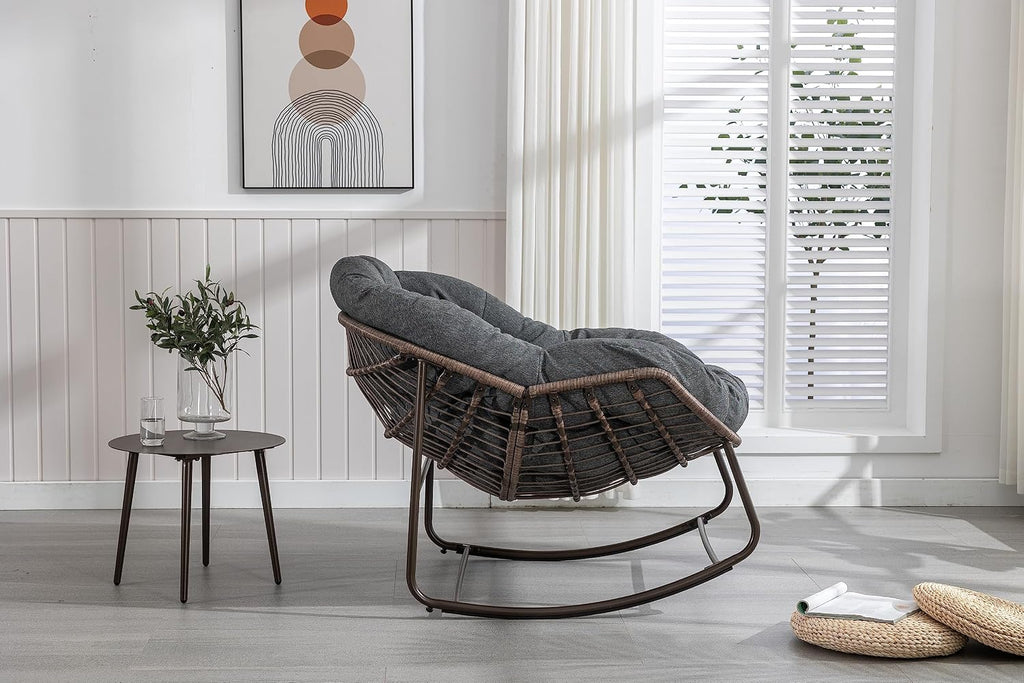 Outdoor Rattan Rocking Chair Oversized Papasan Recliner Lounger, Steel Frame & Thick Olefin Cushion, Indoor/Outdoor Use for Patio, Porch, Backyard, Garden, Balcony, Grey