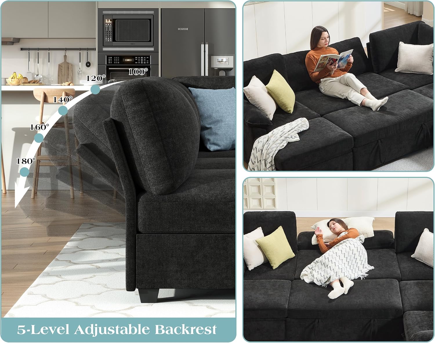 Jocisland 105' Sofa Bed, Sectional Sleeper Sofa with Pull Out Bed/Reclining Backrest, Sleeper Couch Bed with Storage, 6 Seater Couch Bed for Living Room, Chenille Black