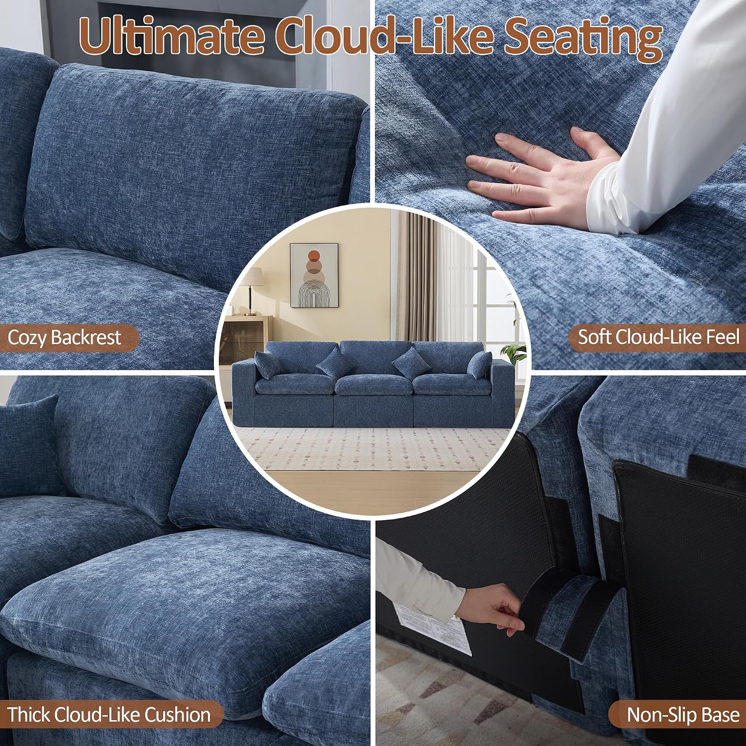 115''Cloud Boneless Sectional Couch, Modular Sectional Sofa Deep Seat, Oversized Upholstered Convertible Comfy 3 Seater Chenille Memory Foam Sofa Couches for Living Room, Blue