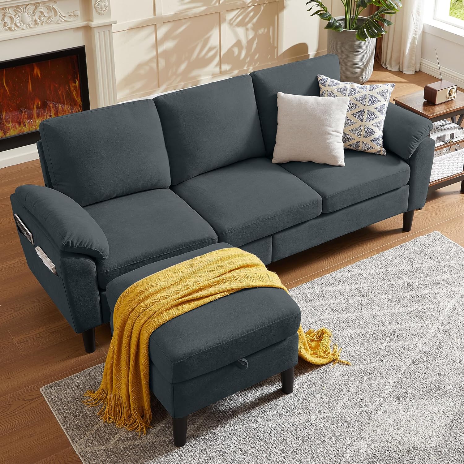 80' Convertible Sectional Sofa, Small L Shaped 3 Seat Couch with Reversible Storage Chaise, Modern Polyester Fabric Sofa Couches for Living Room, Apartment and Small Space, Dark Grey