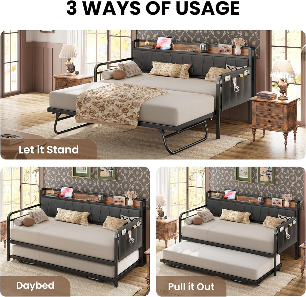 LIKIMIO Twin Daybed, Day Bed with Trundle, Storage Upholstered Headboard and Charging Station, Trundle Bed with Strong Supports for Living Room, Bedroom, and Guest Room, Grey