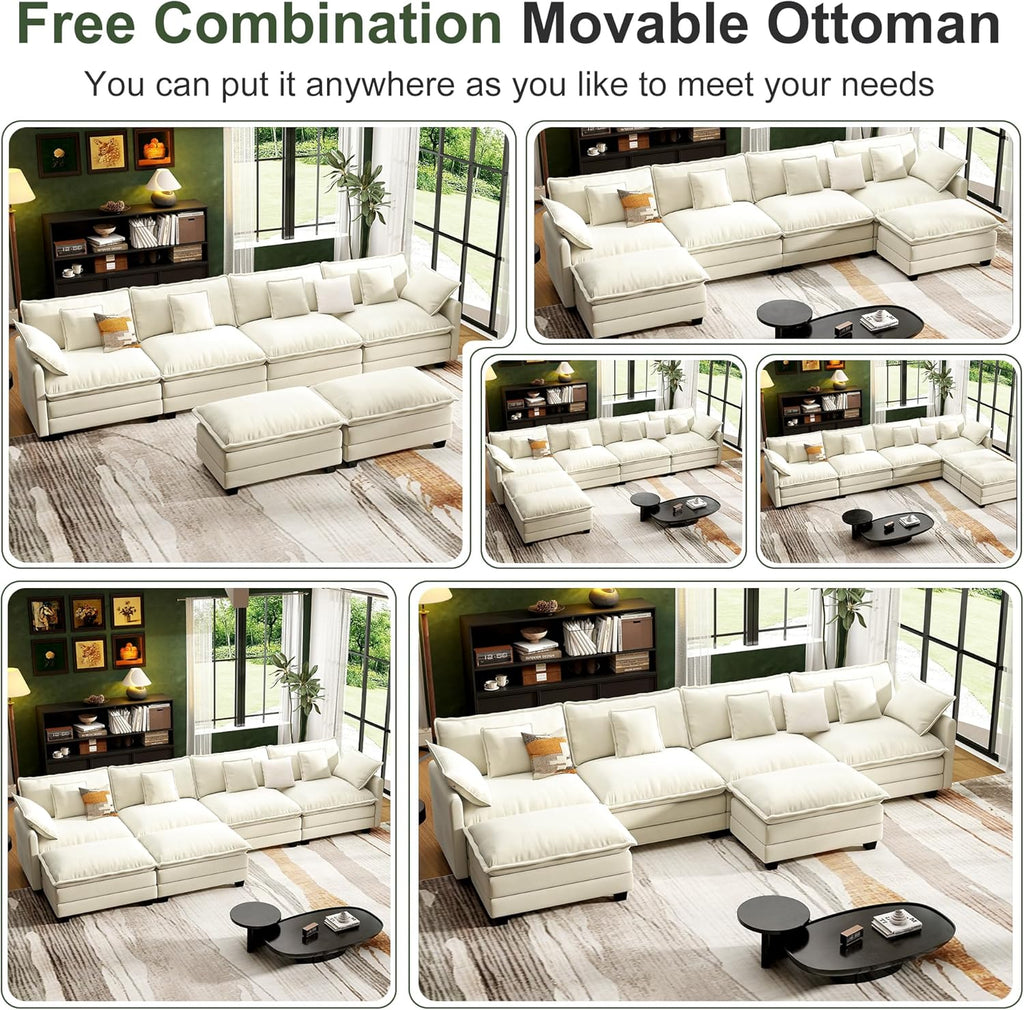 146' Cloud Couch Sectional, U Shaped Modular Sectional Sofa, 4-Seat Deep Seat Couch with 6 Removable Washable Pillows and 2 Ottoman for Living Room, Bedroom, Apartment, Beige