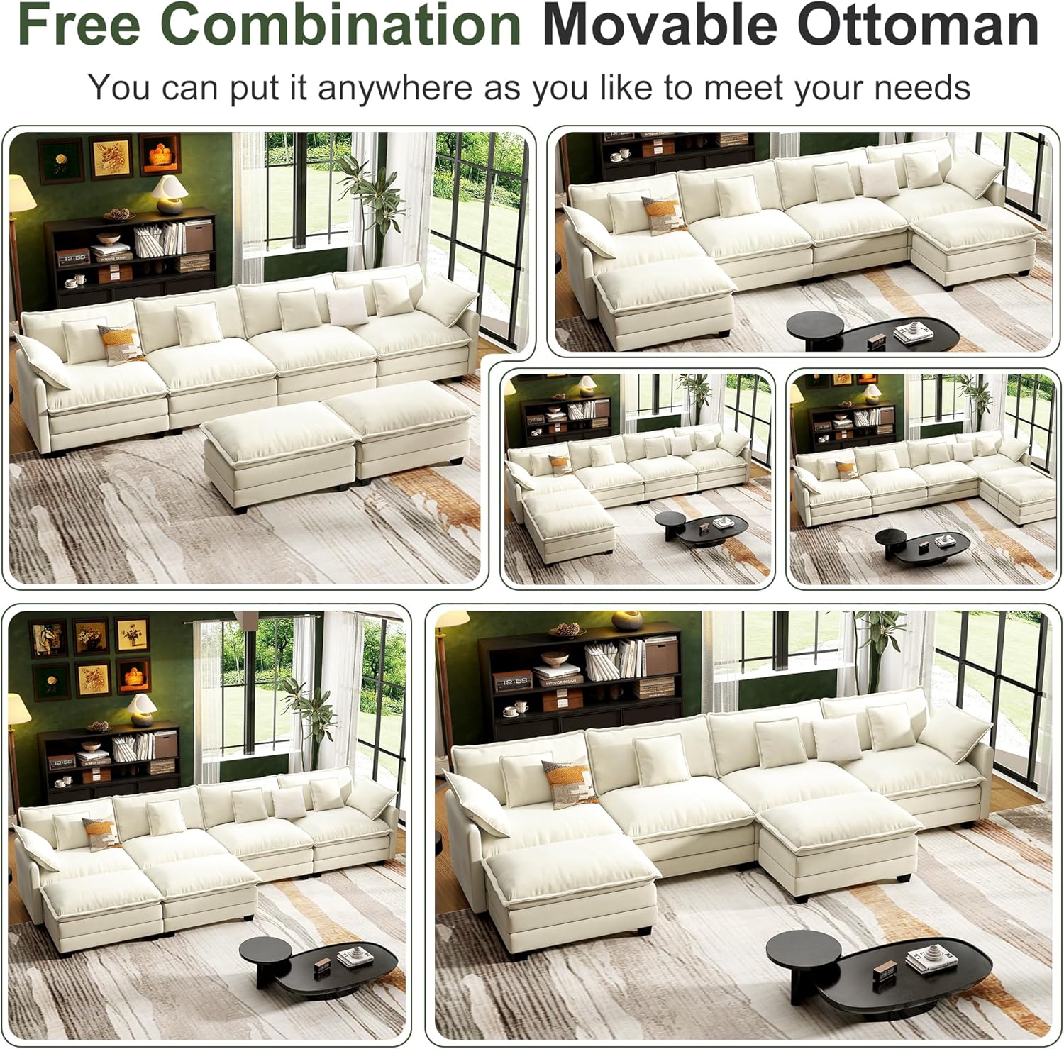 146' Cloud Couch Sectional, U Shaped Modular Sectional Sofa, 4-Seat Deep Seat Couch with 6 Removable Washable Pillows and 2 Ottoman for Living Room, Bedroom, Apartment, Beige
