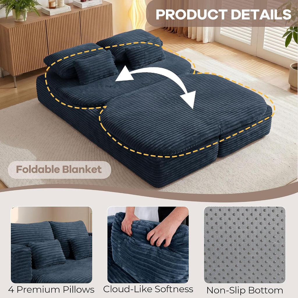 75'' Folding Sleeper Sofa Bed, Convertible Memory Foam Boneless Couch, Foldable Full Size Guest Bed, Modern 2-in-1 Futon Floor Sleeper Sofa with 4 Pillows and Blanket (Corduroy, Blue)