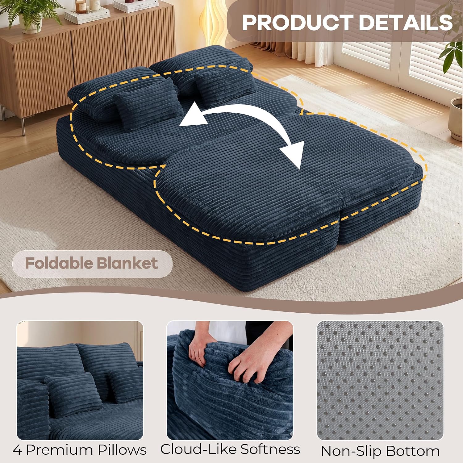 75'' Folding Sleeper Sofa Bed, Convertible Memory Foam Boneless Couch, Foldable Full Size Guest Bed, Modern 2-in-1 Futon Floor Sleeper Sofa with 4 Pillows and Blanket (Corduroy, Blue)