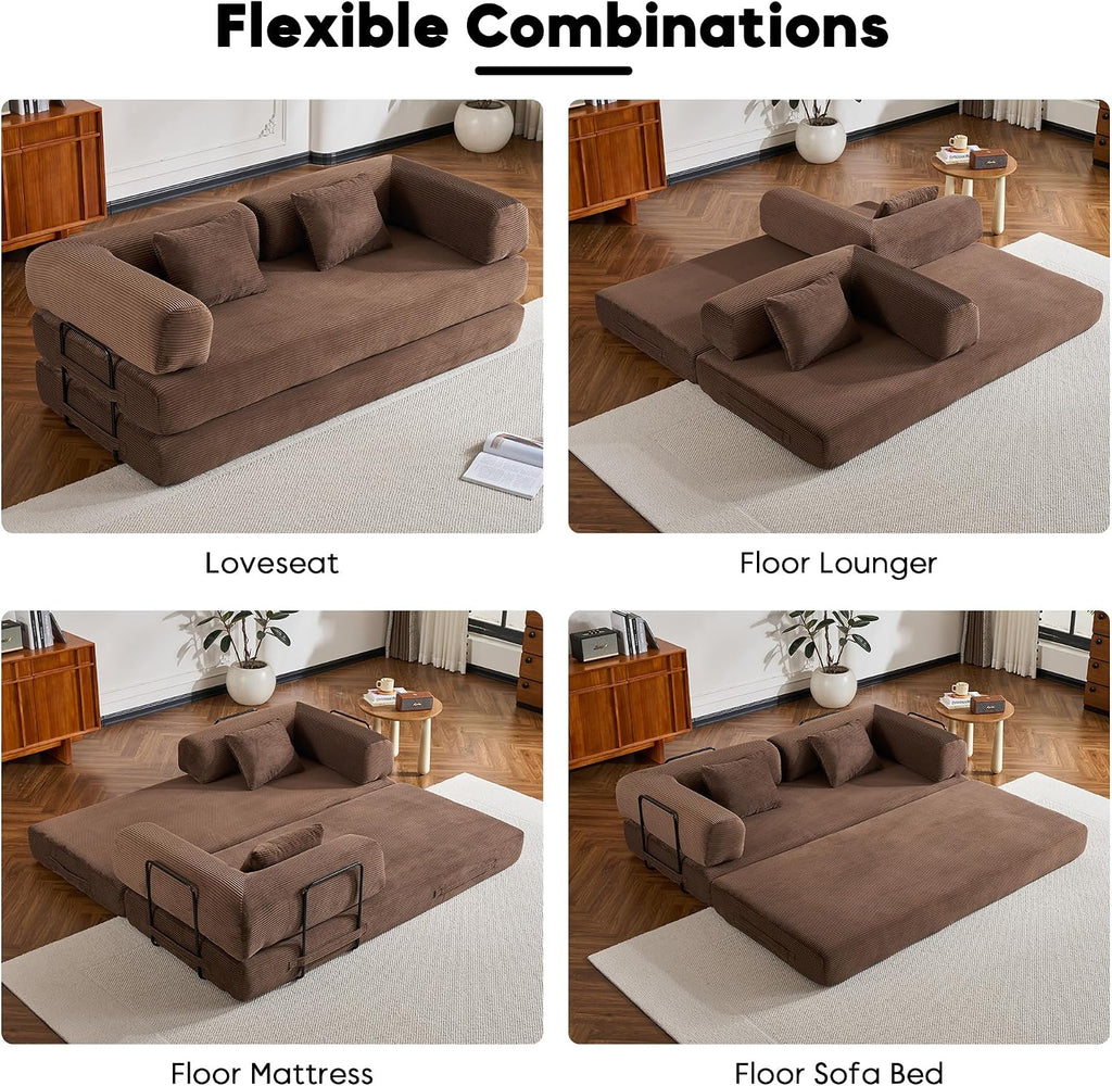 ZEIINPA Convertible Sleeper Sofa Bed, Corduroy Floor Couch with Fixed-Shape Frame, Comfy Modular Floor Sofa with Pull Out Bed, Sleeper Loveseat Boneless Couch for Living Room, Brown