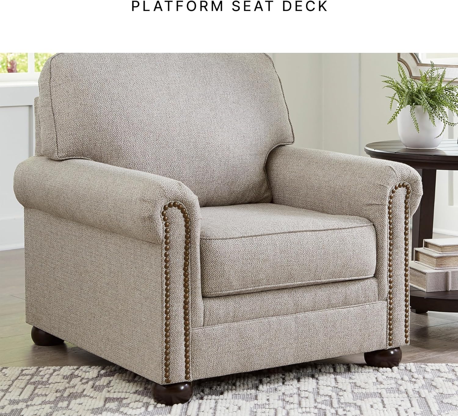 Signature Design by Ashley Gaelon Transitional Upholstered Chair with Nailheads, Light Gray