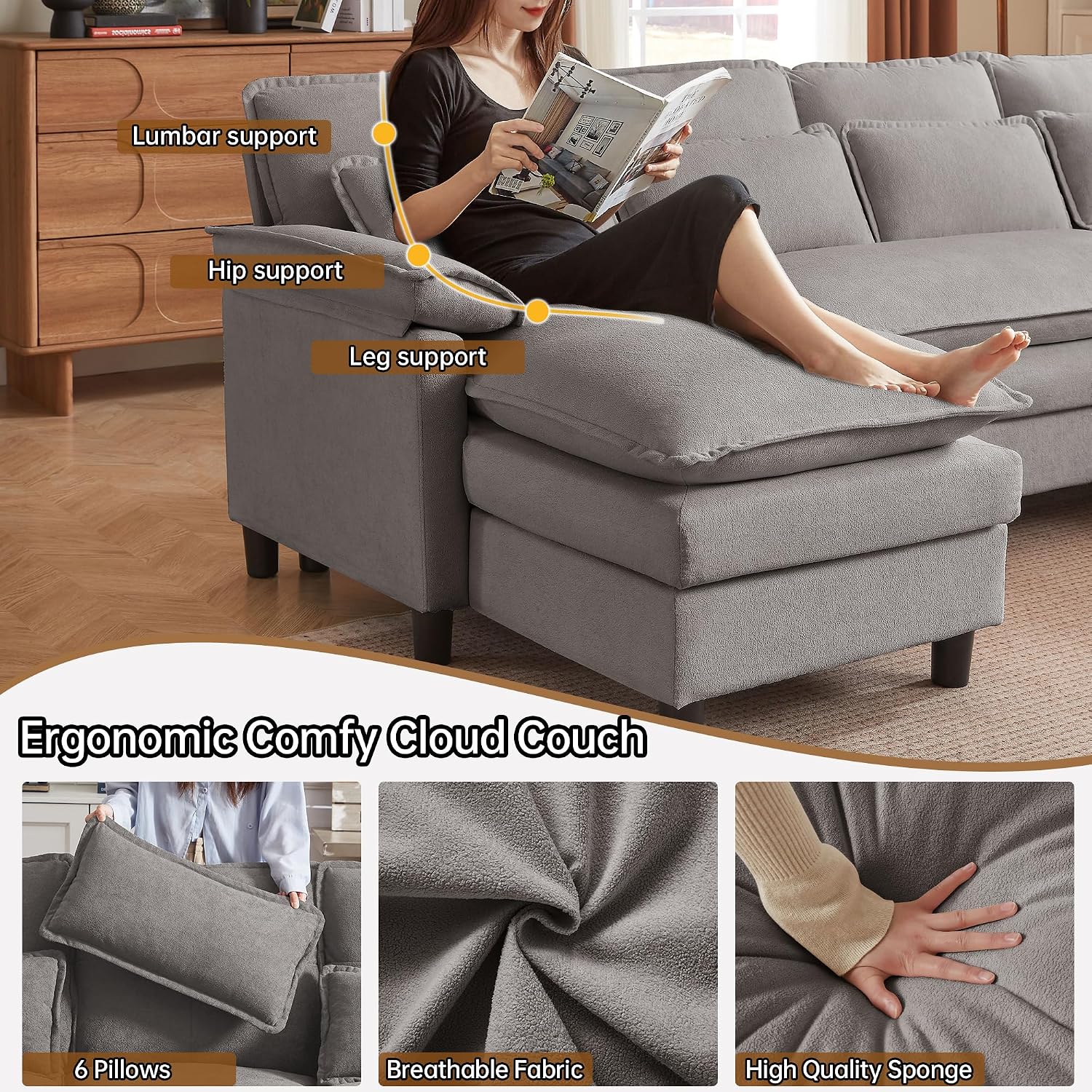Comfy Cloud Couch Sectional Sofa with Lumbar Pillows, 105' Modern 4 Seater U Shaped Cloud Sofa with Deep Seat & Double Long Chaise, Sectional Couches for Living Room, or Office, Light Grey