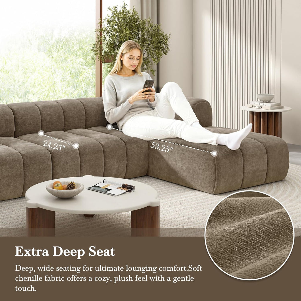 Christopher Knight Home Mania 122' Modular L-Shape Sofa Couch with Chaise Lounge, Modern Sectional Sofa Set for Living Room, Boucle Fabric Upholstered Cloud Couch with Deep Seat, Brown