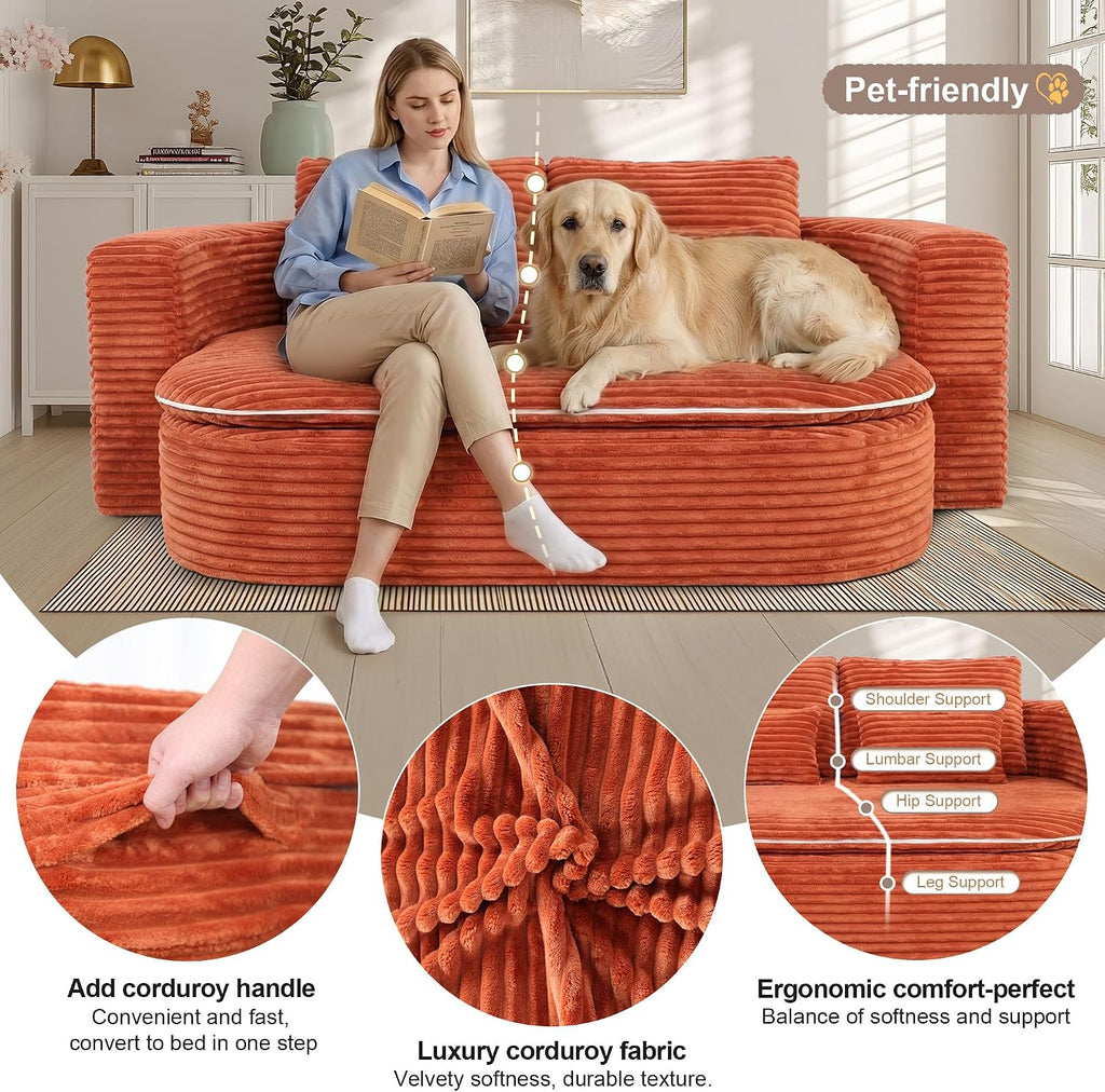 75'' Folding Sleeper Sofa Bed, Convertible Memory Foam Boneless Couch, Foldable Full Size Guest Bed, Modern 2-in-1 Futon Floor Sleeper Sofa with 4 Pillows and Blanket (Corduroy, Orange)
