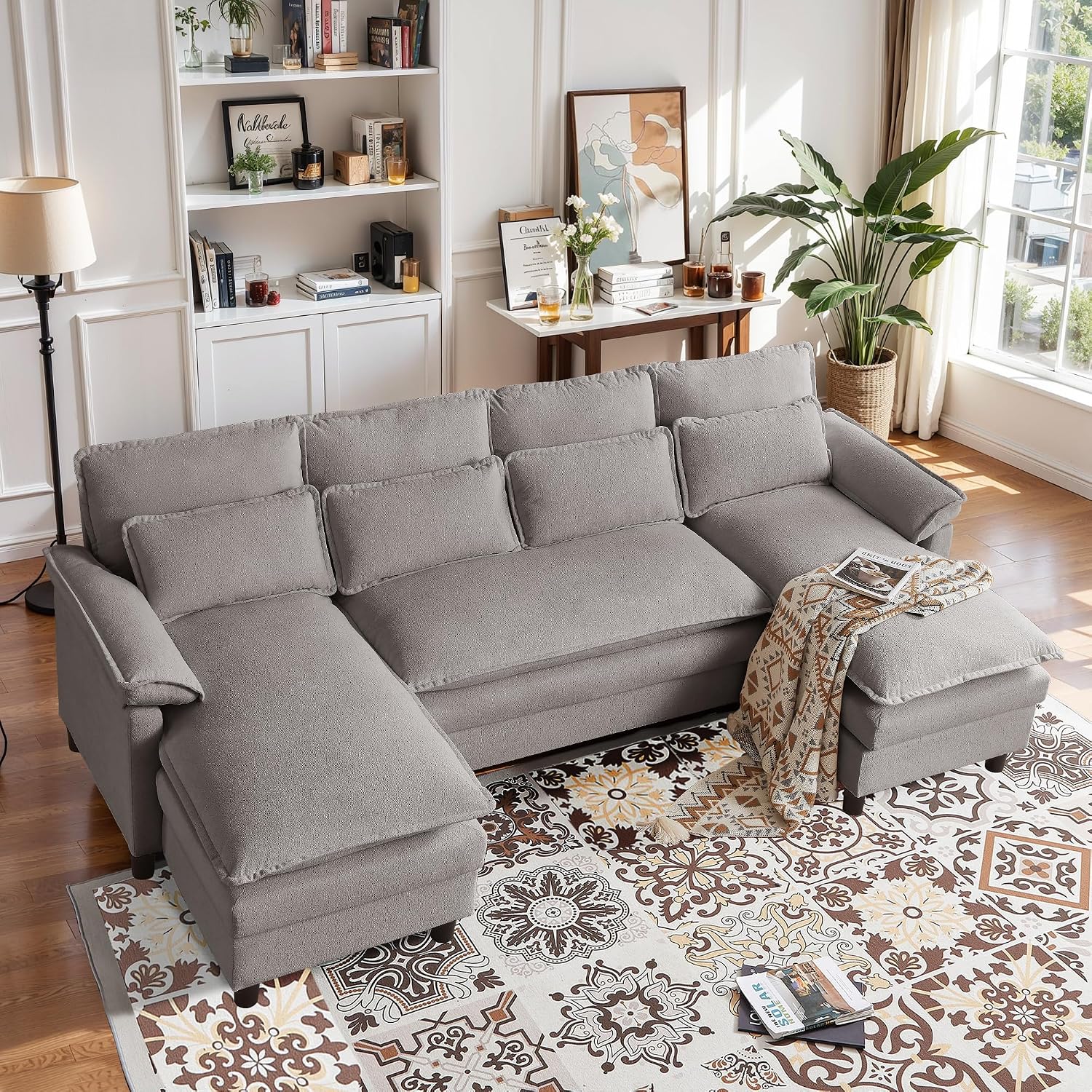 Comfy Cloud Couch Sectional Sofa with Lumbar Pillows, 105' Modern 4 Seater U Shaped Cloud Sofa with Deep Seat & Double Long Chaise, Sectional Couches for Living Room, or Office, Light Grey