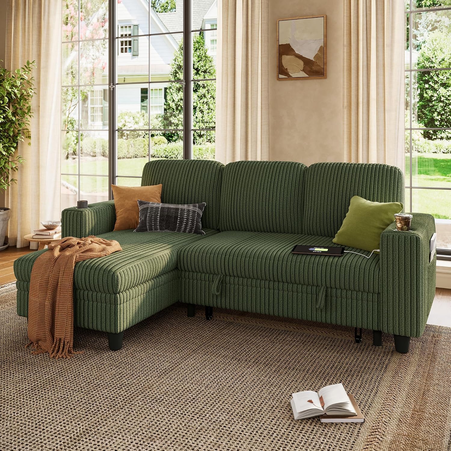 LINSY HOME Sectional Sleeper Sofa Only Corner (Green)