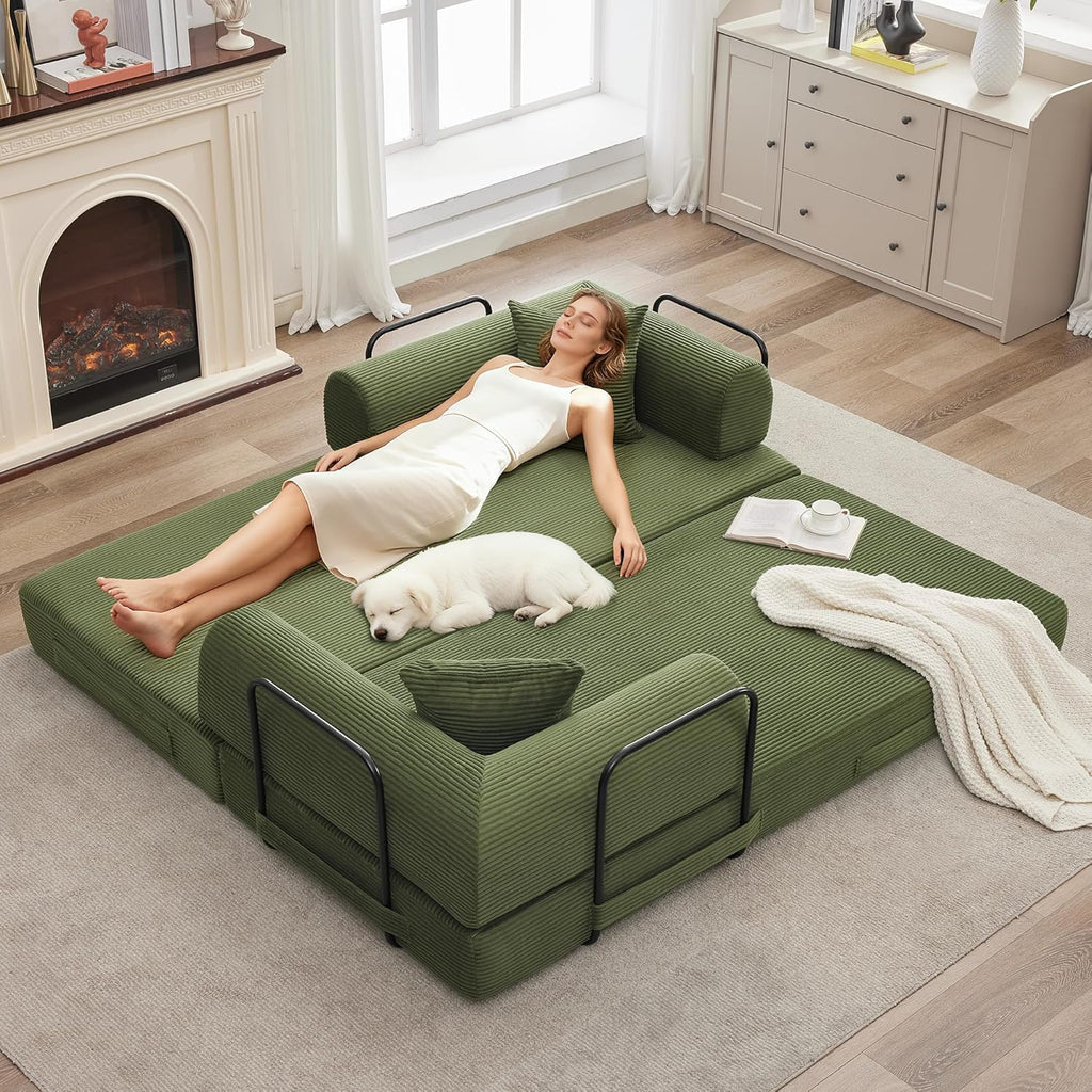 GarveeHome 79' Convertible Sleeper Sofa Bed Couch, 4-in-1 Boneless Corduroy Folding Sofa Bed with Pillow & Fixed-Shape, Floor Mattress Couch Loveseat for Living Room Apartments - No Assembly, Green