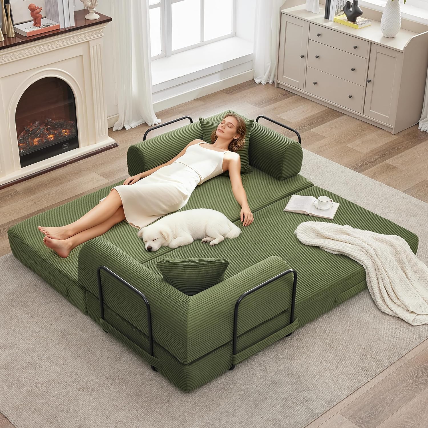 GarveeHome 79' Convertible Sleeper Sofa Bed Couch, 4-in-1 Boneless Corduroy Folding Sofa Bed with Pillow & Fixed-Shape, Floor Mattress Couch Loveseat for Living Room Apartments - No Assembly, Green