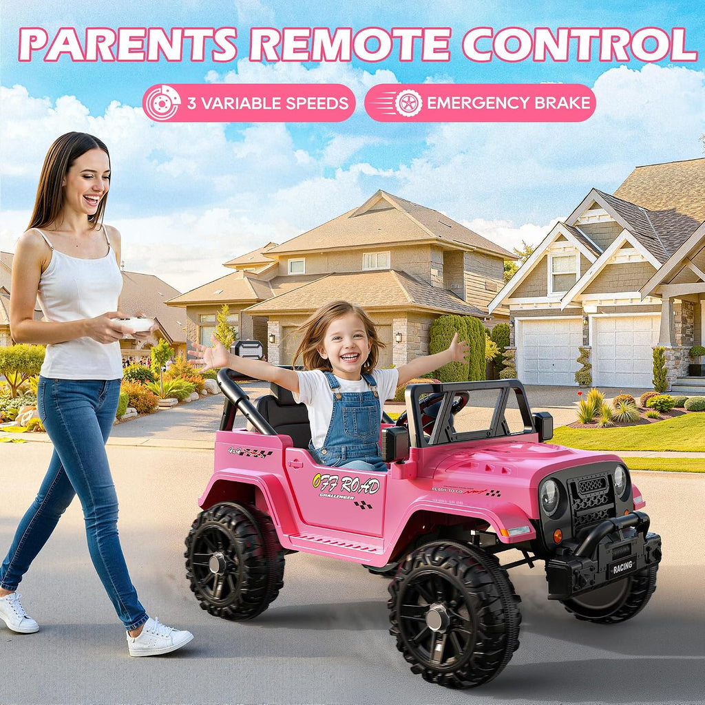 ARBELI 12V Ride On Truck Car with Remote Control, Kids Electric Vehicles with Bluetooth Music, Horn, 3 Speeds, 4 LED Lights, Soft Start, Ride on Toys for Toddler Boys & Girls, Pink