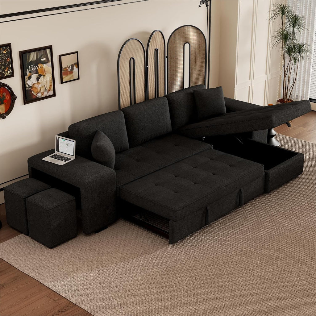 104.5 inch Reversible Sleeper Sectional Sofa with Pull Out Bed , Convertible L Shaped Sectional Couch with Storage Chaise and 2 Stools , Tufted Upholstered Pullout Sofa Bed for Living Room Apartment