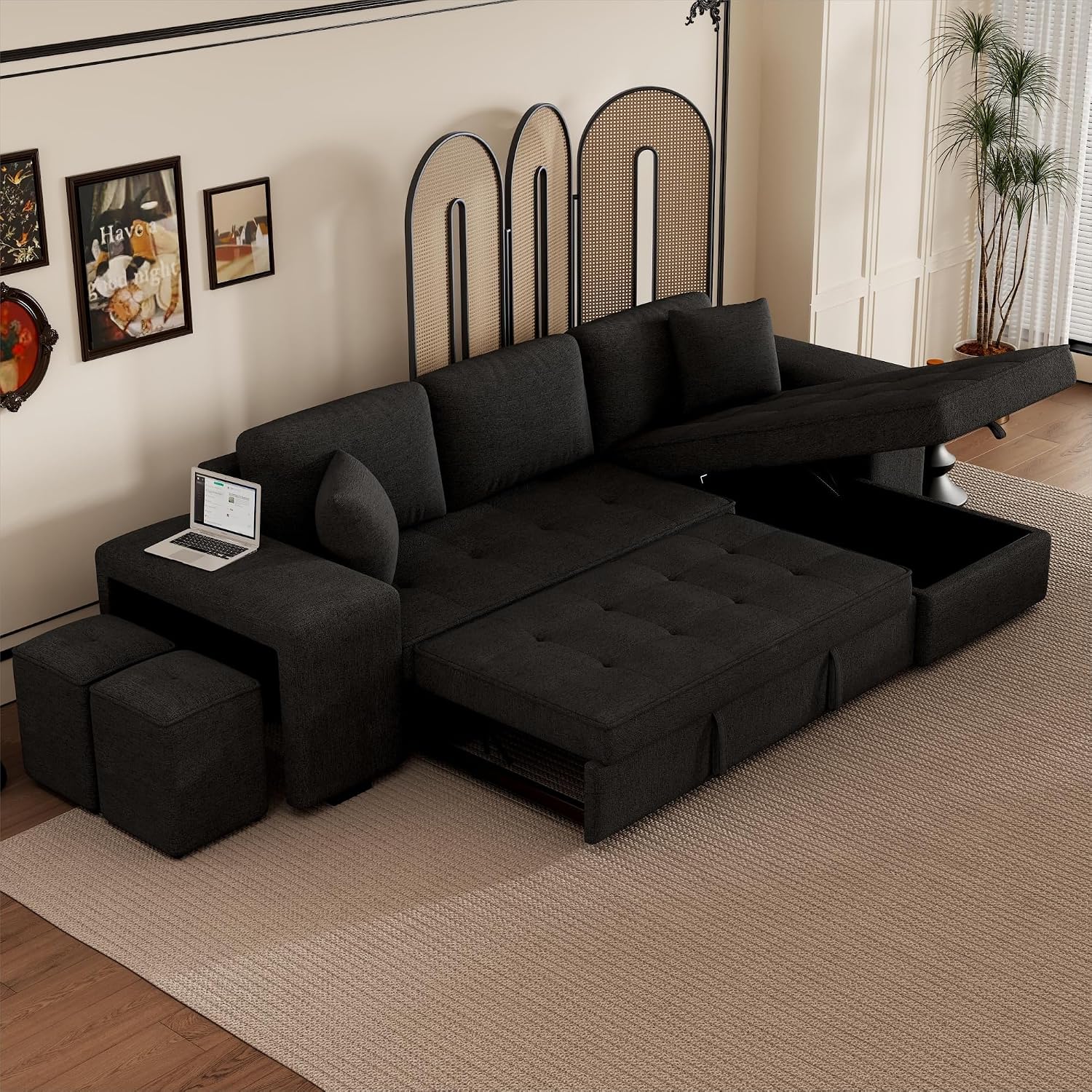 104.5 inch Reversible Sleeper Sectional Sofa with Pull Out Bed , Convertible L Shaped Sectional Couch with Storage Chaise and 2 Stools , Tufted Upholstered Pullout Sofa Bed for Living Room Apartment