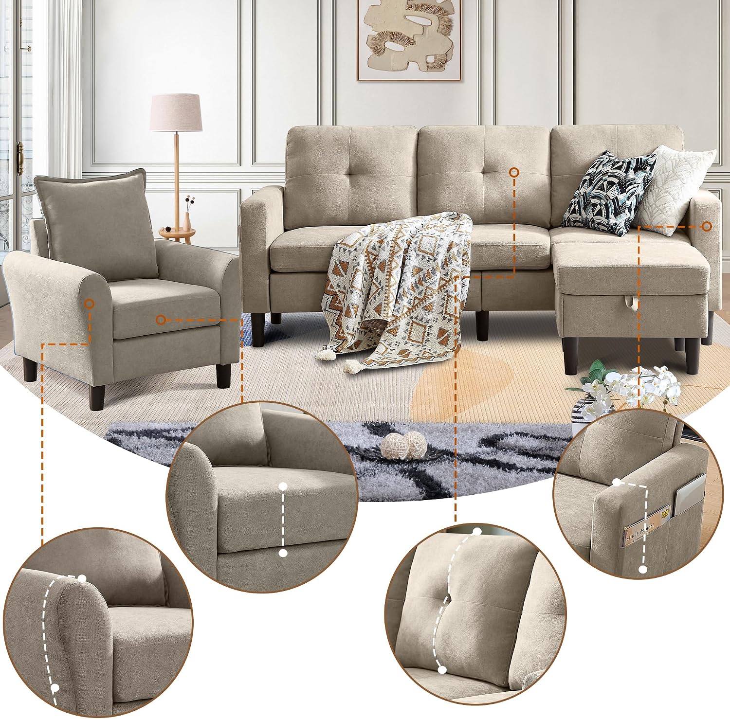 3 Piece Living Room Sofa Sets, Modern 3 Seater Sofa with Storage Ottoman and 2 PSC Armchair Couch Sets, Easy Assembly, Modern 5 Seat Sectional Couches for Living Room, Office,Beige