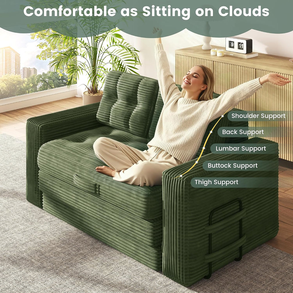 Convertible Sofa Bed, 2 in 1 Boneless Couch Bed with 2 Pillows, Corduroy Pull out Couch Folding Sofa Bed with Deep Seat, Small Loveseat Sleeper Sofa Bed in a Box for Small Spaces, No Assembly, Green