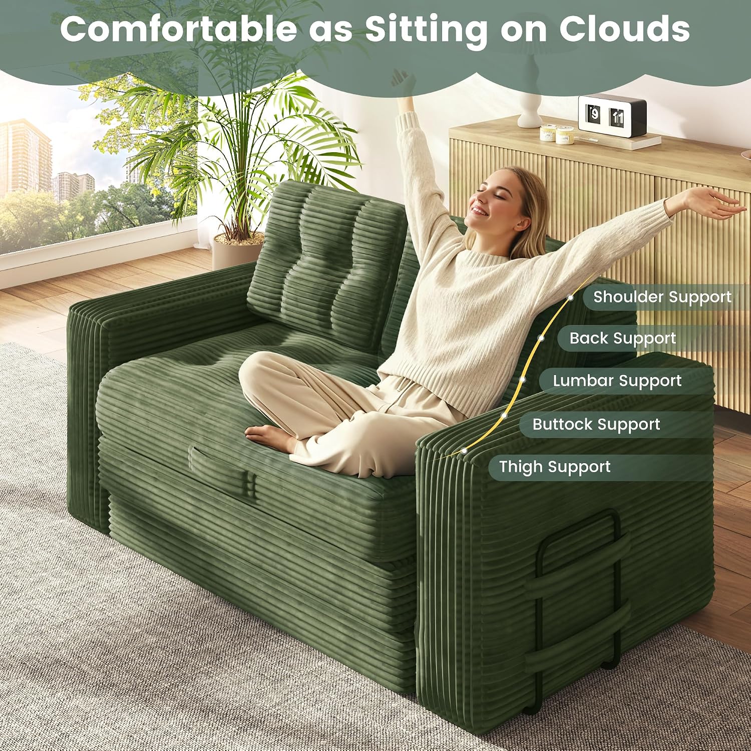 Convertible Sofa Bed, 2 in 1 Boneless Couch Bed with 2 Pillows, Corduroy Pull out Couch Folding Sofa Bed with Deep Seat, Small Loveseat Sleeper Sofa Bed in a Box for Small Spaces, No Assembly, Green