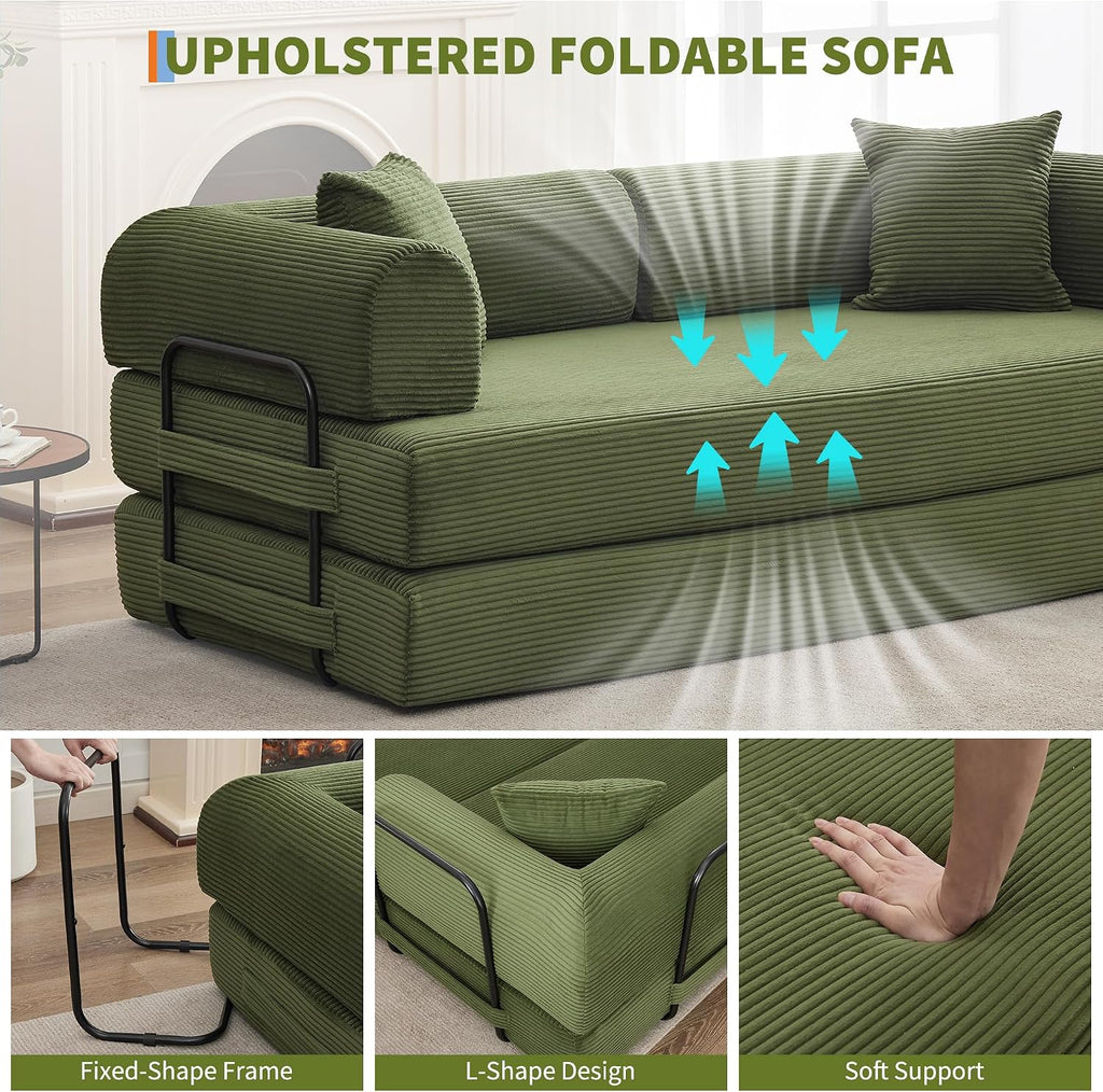 GarveeHome 79' Convertible Sleeper Sofa Bed Couch, 4-in-1 Boneless Corduroy Folding Sofa Bed with Pillow & Fixed-Shape, Floor Mattress Couch Loveseat for Living Room Apartments - No Assembly, Green