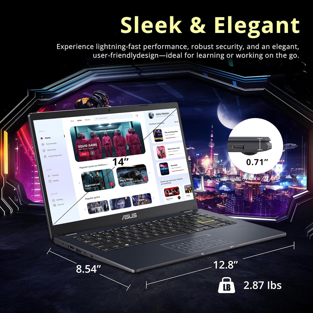 ASUS Vivobook Go 14' FHD Business Laptop, Intel Celeron N4500, 4GB RAM, 1.12TB Storage (128GB eMMC + 1TB Docking Station Set), Intel UHD Graphics, Number Pad, HD Webcam, Wi-Fi, Windows 11, Star Black