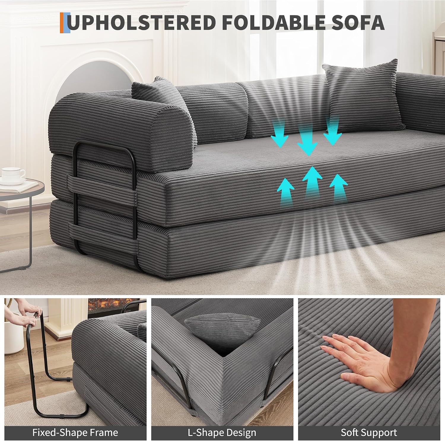 GarveeHome 79' Convertible Sleeper Sofa Bed Couch, 4-in-1 Boneless Corduroy Folding Sofa Bed with Pillow & Fixed-Shape, Floor Mattress Couch Loveseat for Living Room Apartments - No Assembly, Gray