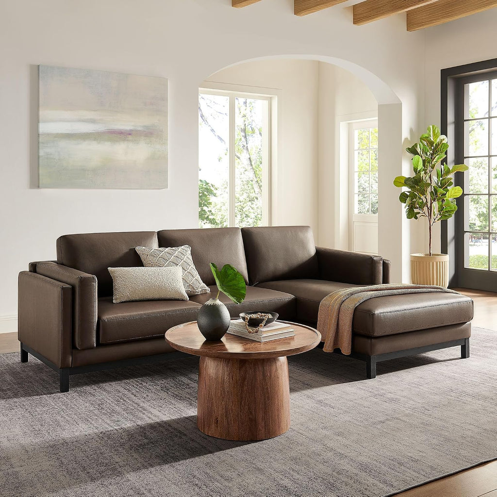 Modway Roscoe Right-Facing Sectional Sofa with Chaise in Espresso - 2-Piece Faux Leather Upholstered Deep Seat Couch, L Shaped Modular for Living Room or Lounge