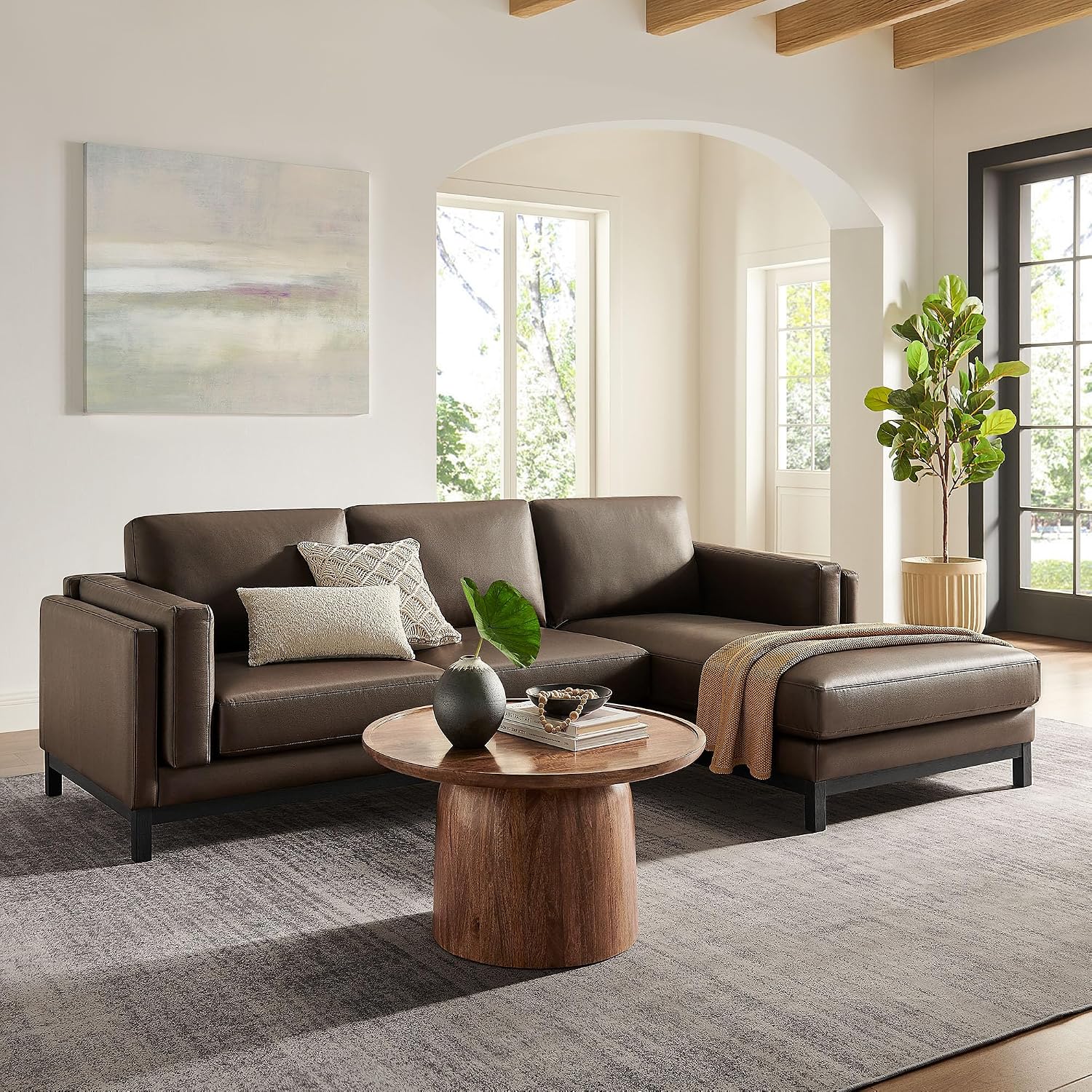 Modway Roscoe Right-Facing Sectional Sofa with Chaise in Espresso - 2-Piece Faux Leather Upholstered Deep Seat Couch, L Shaped Modular for Living Room or Lounge