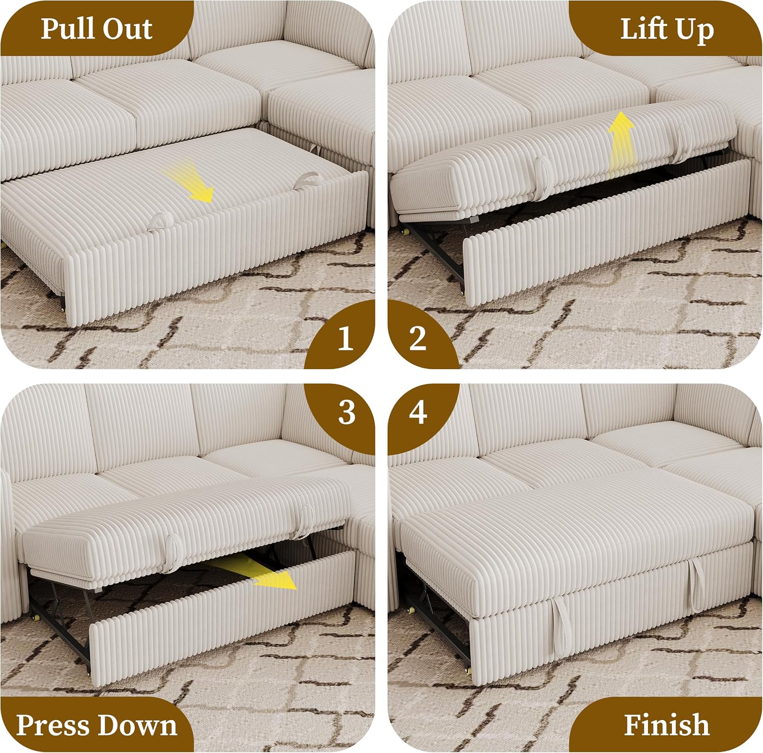 83.5' Sectional Sleeper Sofa with Pull Out Couch, Modern 5 Seat L Shaped Modular Couch, Sectionals Modular Sofa with Storage, Comfy Corduroy Couches Sectional for Living Room & Apartment, Beige