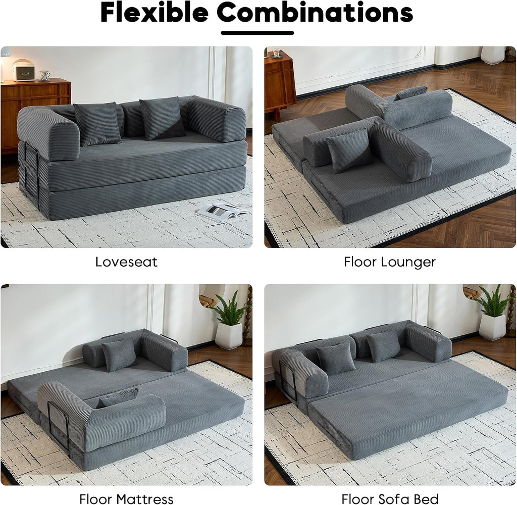 ZEIINPA Comfy Convertible Folding Mattress Couch, Floor Sofa Bed with Fixed-Shape Frame, Corduroy Floor Sofa with Armrest, Floor Sofa Lounge Couch for Living Room Bedroom Lounge Studio,Grey