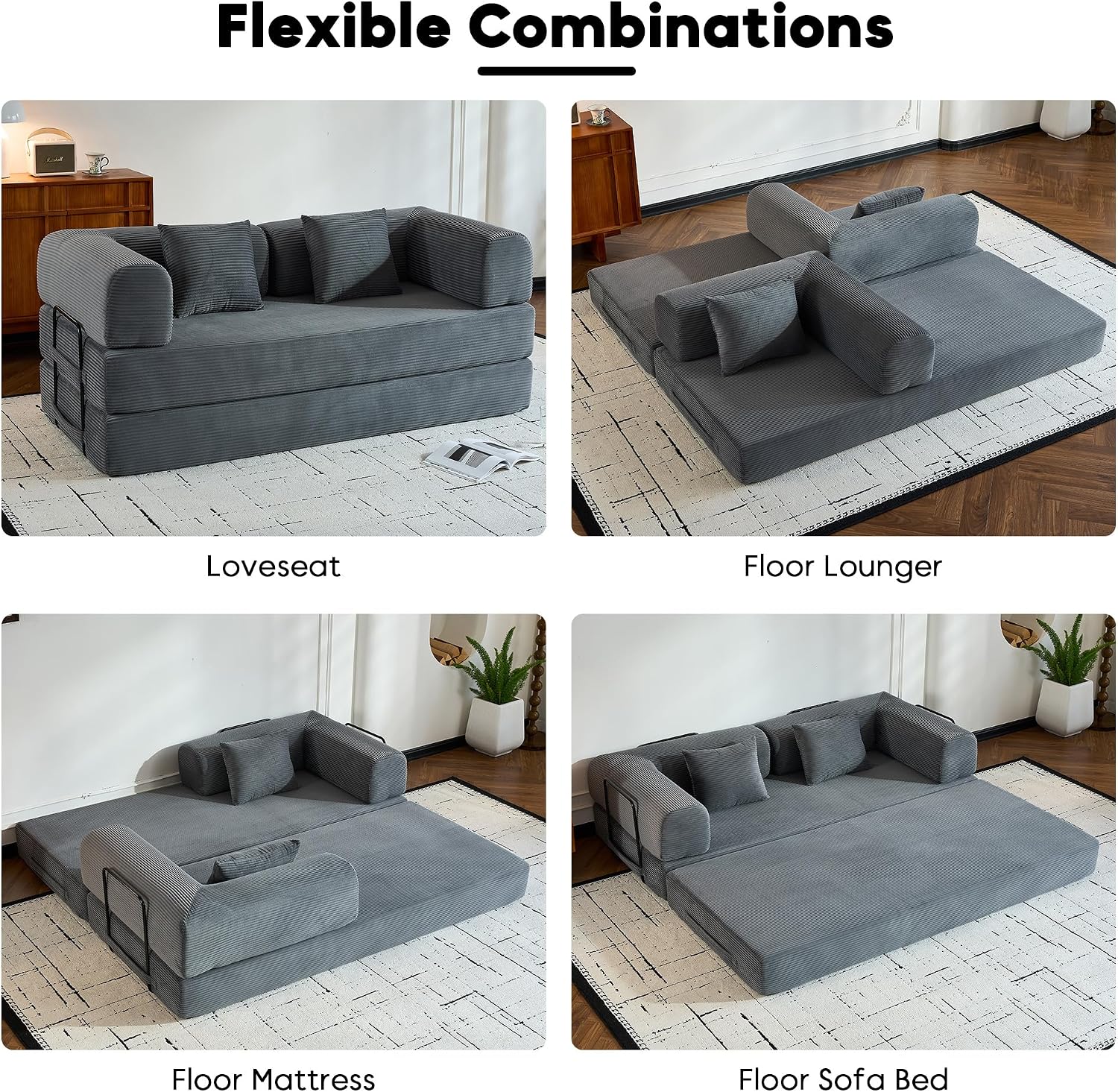 ZEIINPA Comfy Convertible Folding Mattress Couch, Floor Sofa Bed with Fixed-Shape Frame, Corduroy Floor Sofa with Armrest, Floor Sofa Lounge Couch for Living Room Bedroom Lounge Studio,Grey