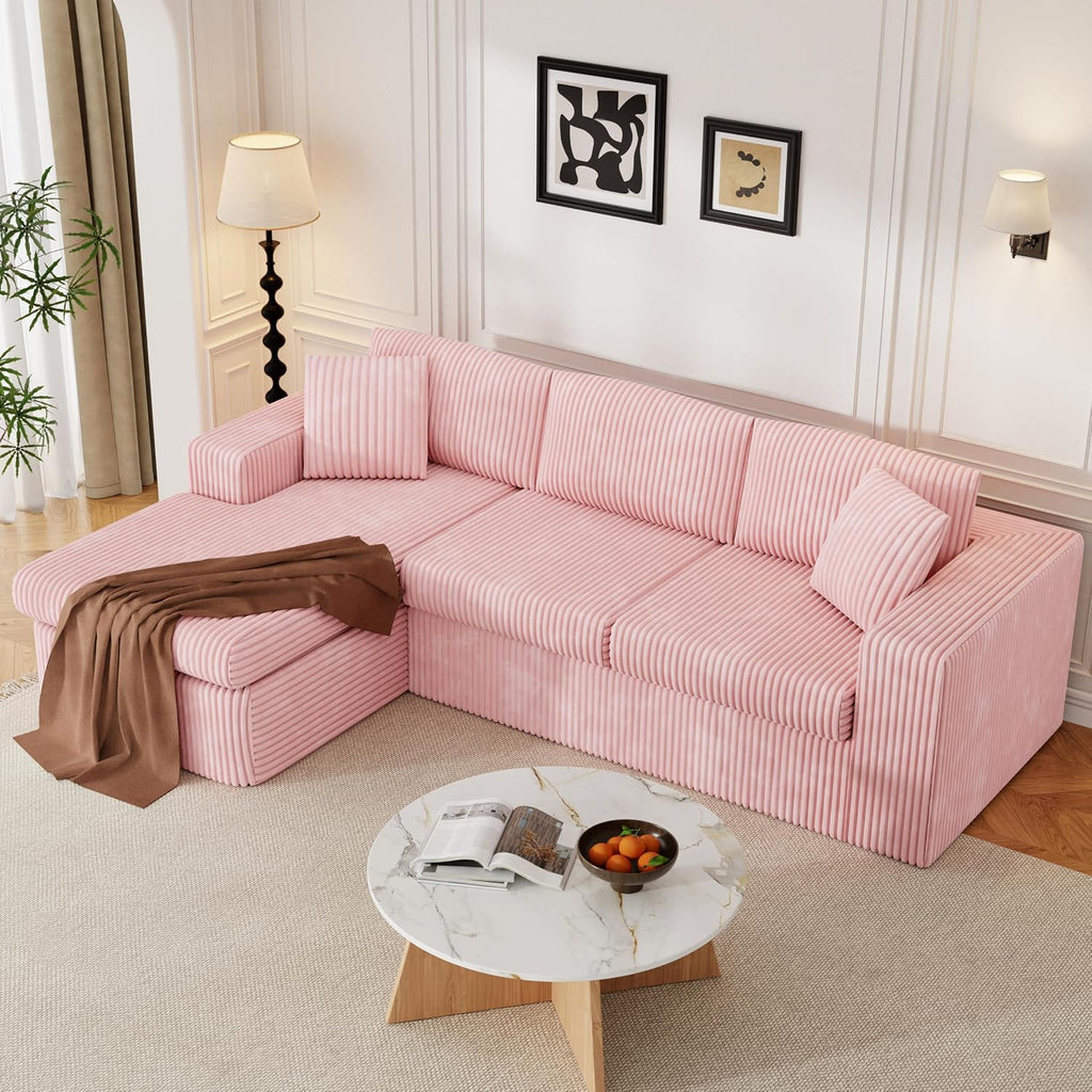 JAMFLY 105' Boneless Couches for Living Room Modular Sectional Sofa L-Shape Couch with Oversized Chaise, Cloud Couch Deep Seat Memory Foam Upholstered for Bedroom, Plush Corduroy Fabric, Baby Pink